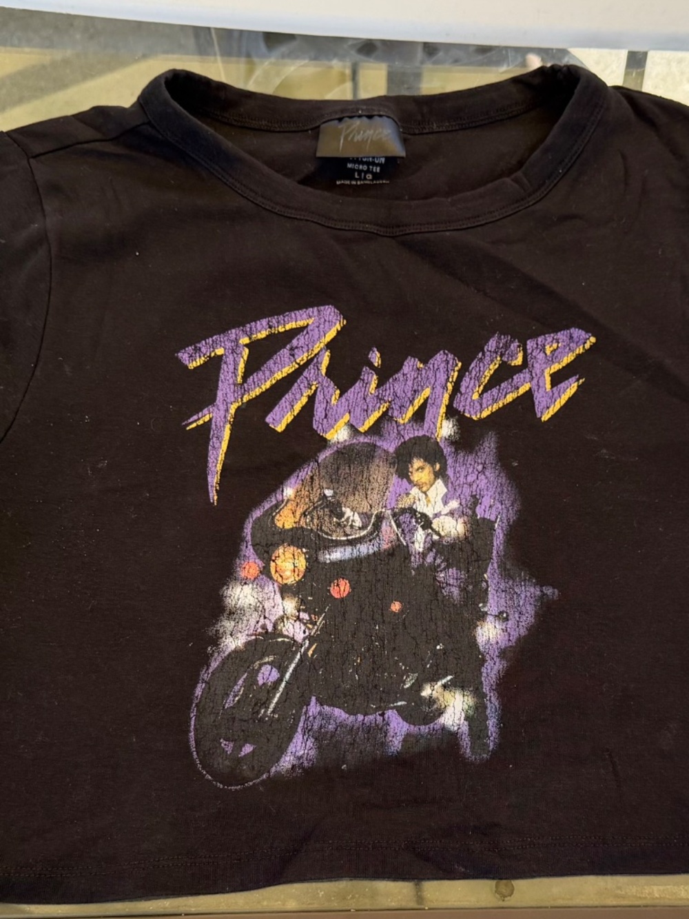 Cotton On Prince Purple Rain Graphic Micro Tee Crop Shirt Size Large Black